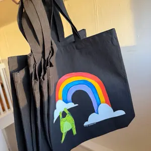 Whimsical Cotton Tote Bag Printed Goth Cryptid Frog 15"x16" with 20" Handles 100% Cotton Expandable Gusset Bottom