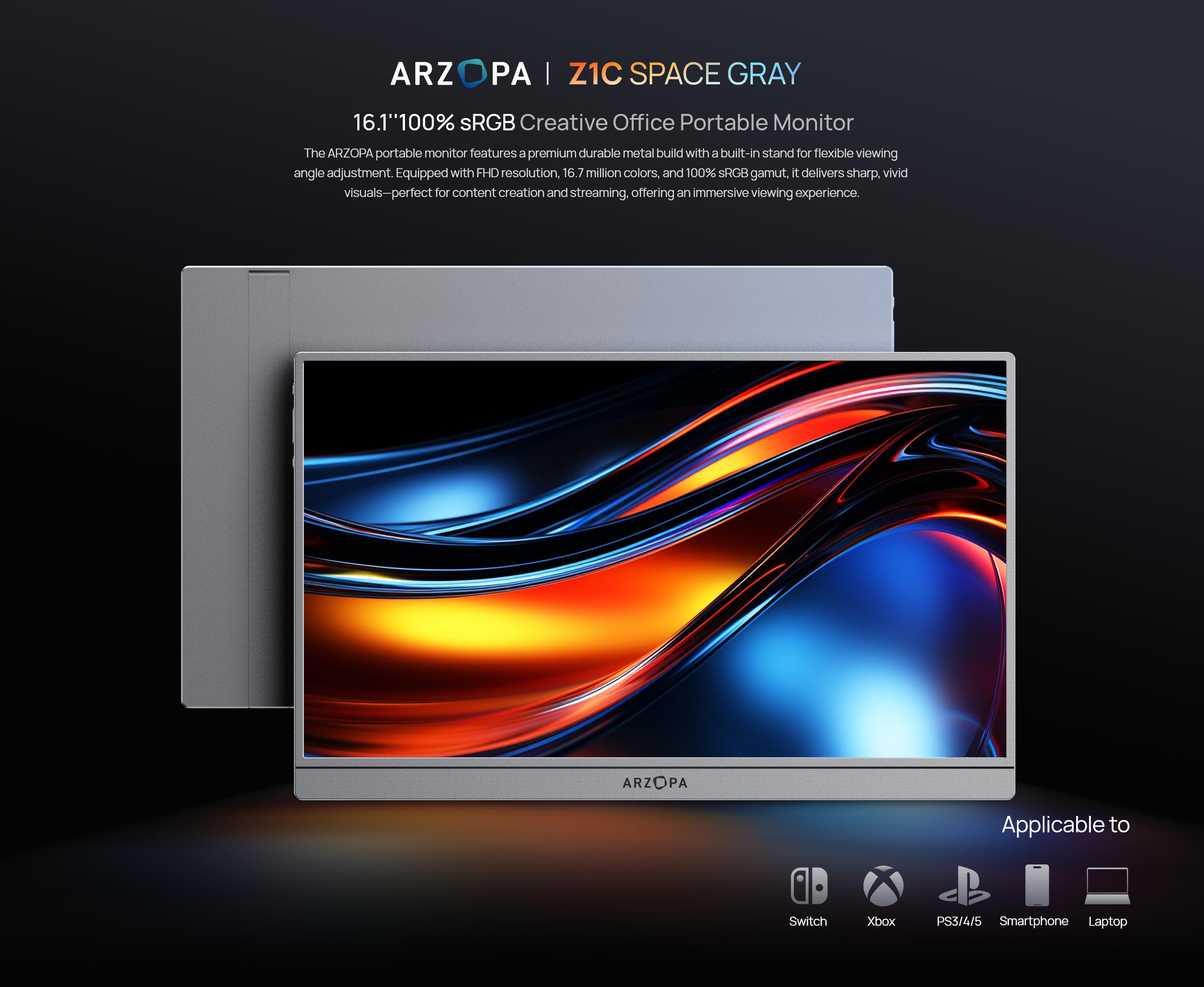 ARZOPA 16.1" Portable Monitor 100%sRGB FHD 1080P Portable Laptop Monitor Display IPS Eye Care Screen for High-end Office & Entertainment