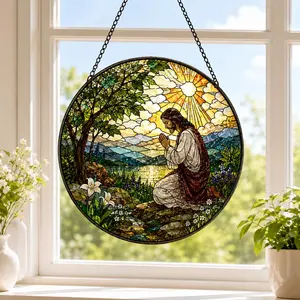 [Made in US] Jesus Prayer Acrylic Suncatcher, Christian Stained Glass Style Window Hanging, Sunrise Faith Window Decor, Religious Gift for Mom