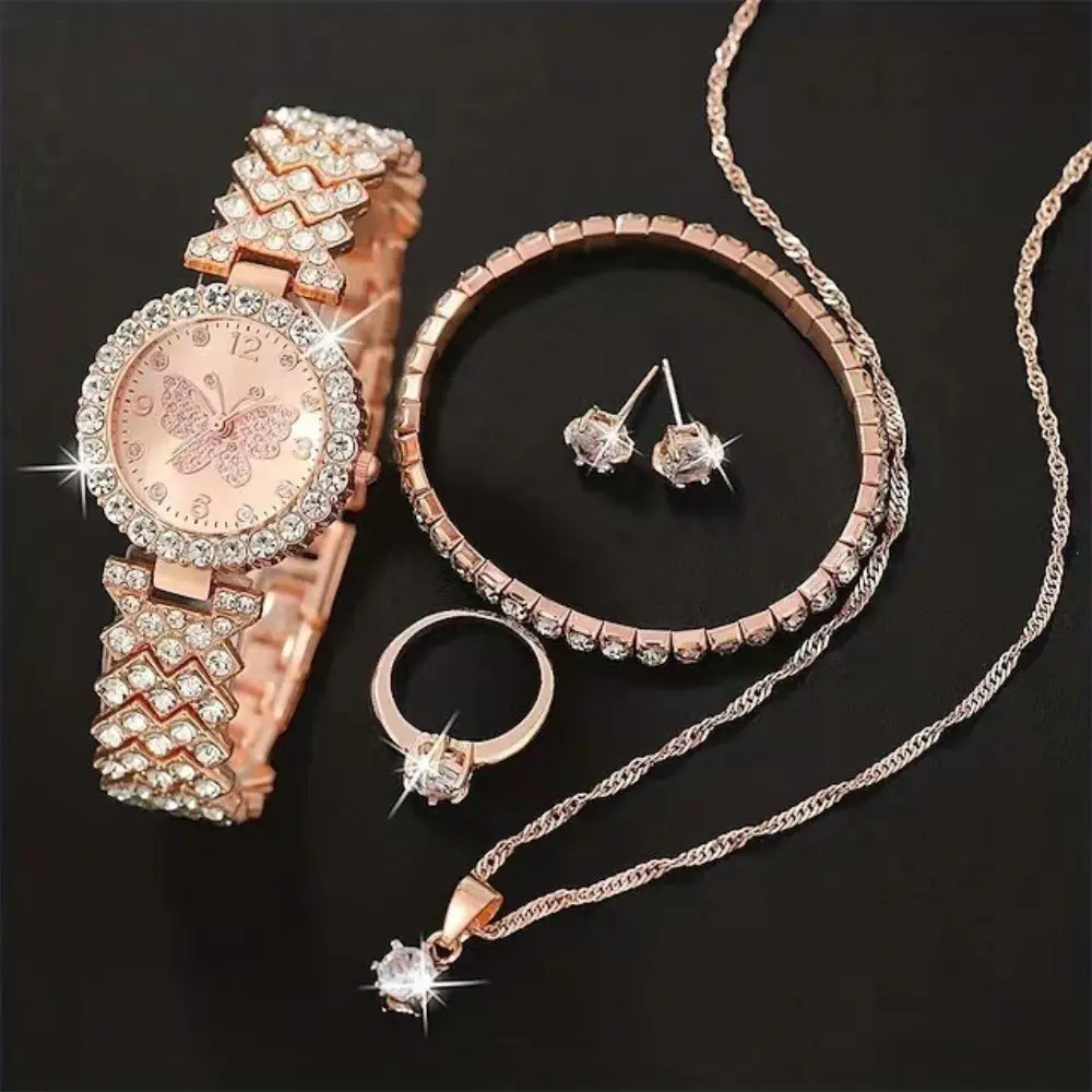 6pcs/set Women's Watch Luxury Rhinestone Quartz Watch Golden Fashion Analog Wrist Watch & Jewelry Set, Gift For Mom Her,Rhinestone Decor Watch & 6pcs Jewelry Set,Watch For Women Silver quartz Bracelet ring Necklace Earrings Women 6 piece Set