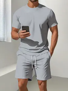 Men's Solid Color Summer Waffle Two-Piece Set, Round Neck Short Sleeve T-Shirt and Drawstring Shorts, Comfortable Breathable Fabric