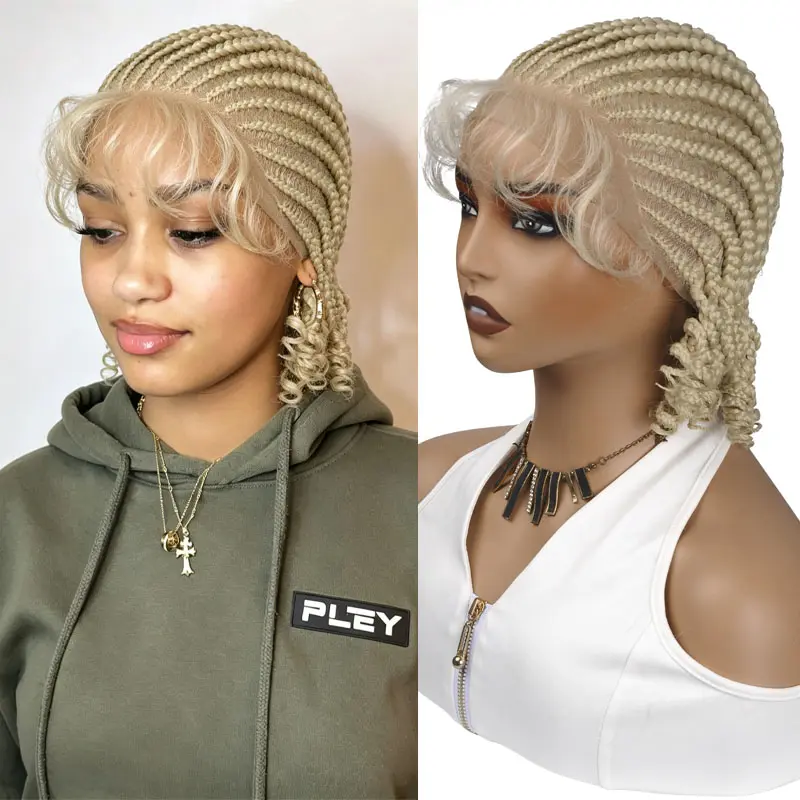 Short Bob Braided Wig Blonde Synthetic Wig With Curly Ends Full Lace Wig Micro Box Braid lace Wig For Women Lightweight 8Inch Color #613
