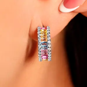 Rainbow Sapphire Baguette Hoops Earrings 18 White Gold Plated Sterling Silver | Lab-Created Rainbow Gemstone Simulated Diamond | Made-to-Order 2 Weeks
