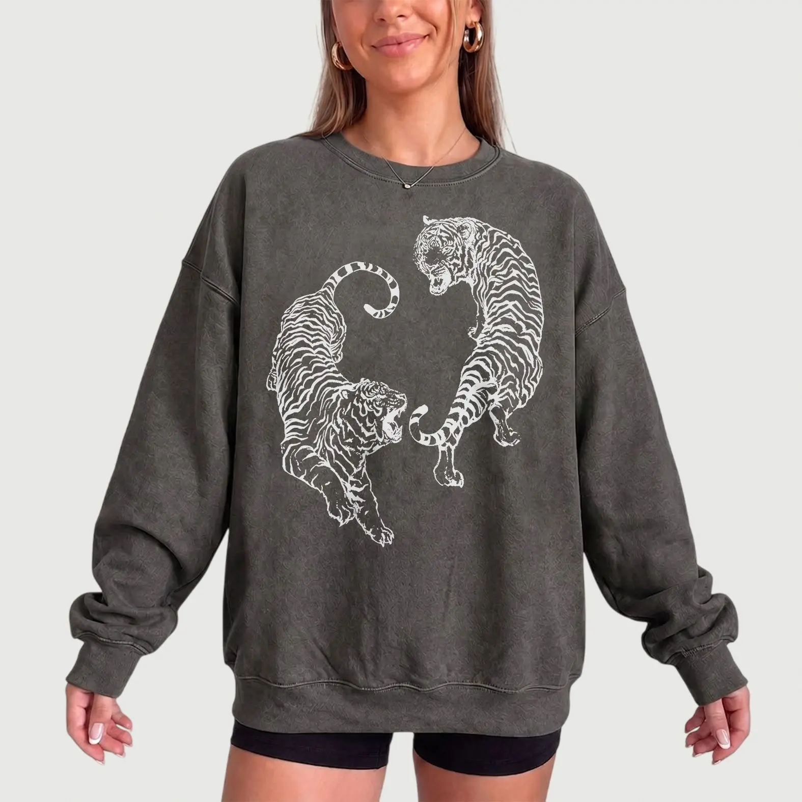 Comfort Colors Tiger Crewneck Sweatshirt, Two Tiger Yin Yang Circle Illustration Graphic Pullover, Tiger Lover Gift