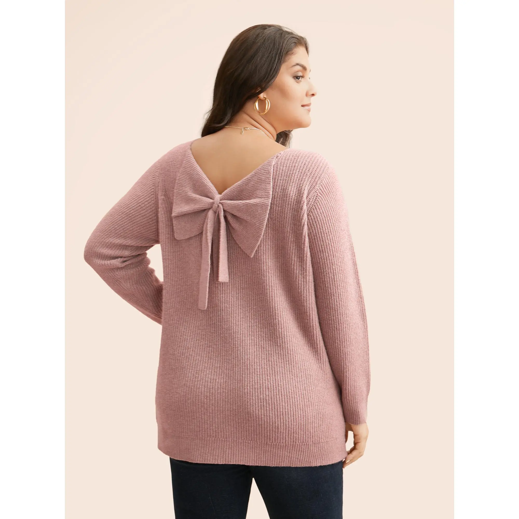 BloomChic Women's Plus Size Knit Pullover Top - Round-Sleeve, Back Bowknot Detail, Soft Stretch Crepe Fabric, Loose Fit, Plain Solid, Regular Length, Casual Everyday Wear, Polyester-Nylon, Hand Wash, Low Iron, Knitwear, Tops, Round Neck