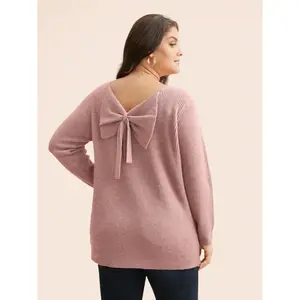 BLOOMCHIC Women's Plus Size Casual Loose Round Neck Long Sleeve Polyester Nylon Crepe Knitwear Sweater, Back Bowknot, Basic Solid Flat Design, Low Iron Tops [M-6X], 2026 Summer Deals