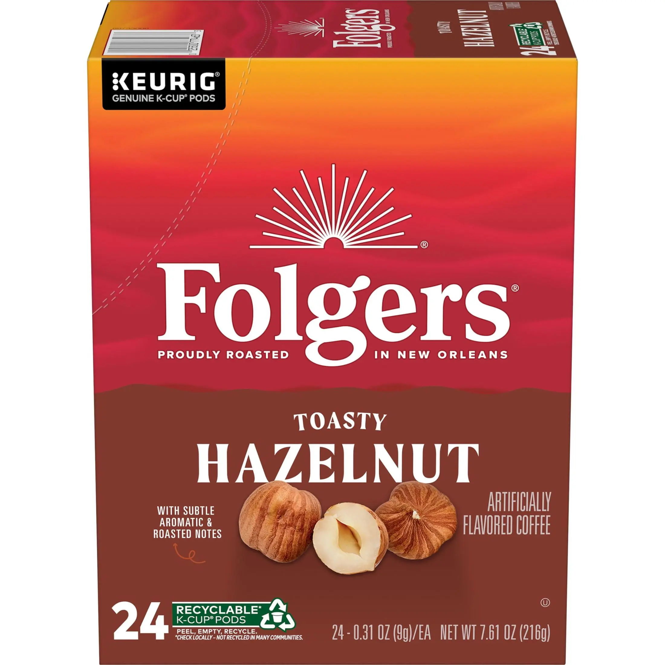 Folgers Toasty Hazelnut Artificially Flavored Coffee, Keurig K Cups, 24 Count Box