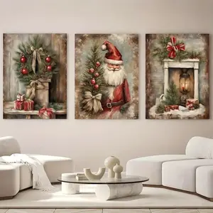 3pcs Vintage Christmas Canvas Posters with Wooden Frame, Winter Santa Farmhouse Wall Art Decor, Indoor Decoration, Holiday Home Decoration