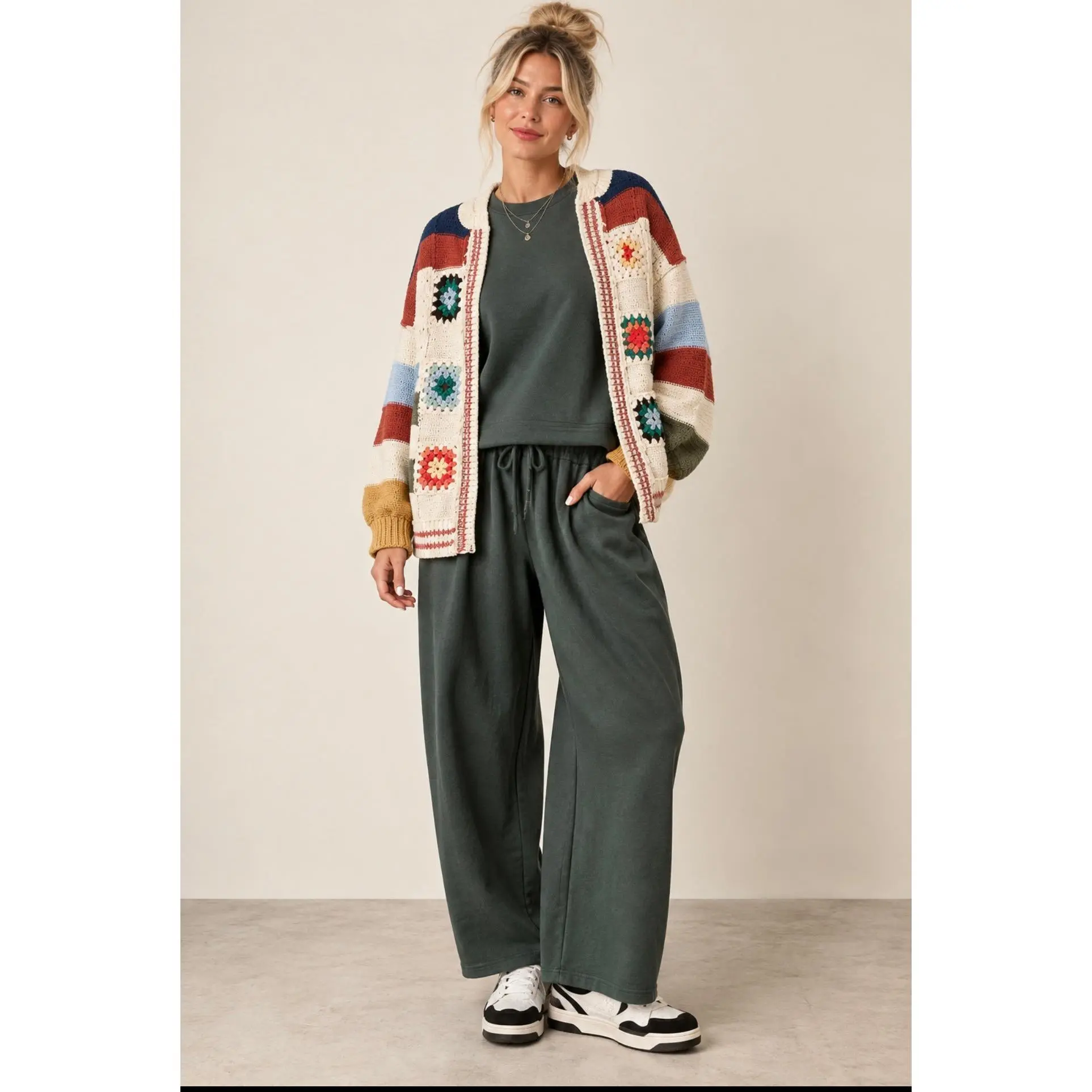 Handmade Patchwork Striped Chenille Sweater Open Cardigan