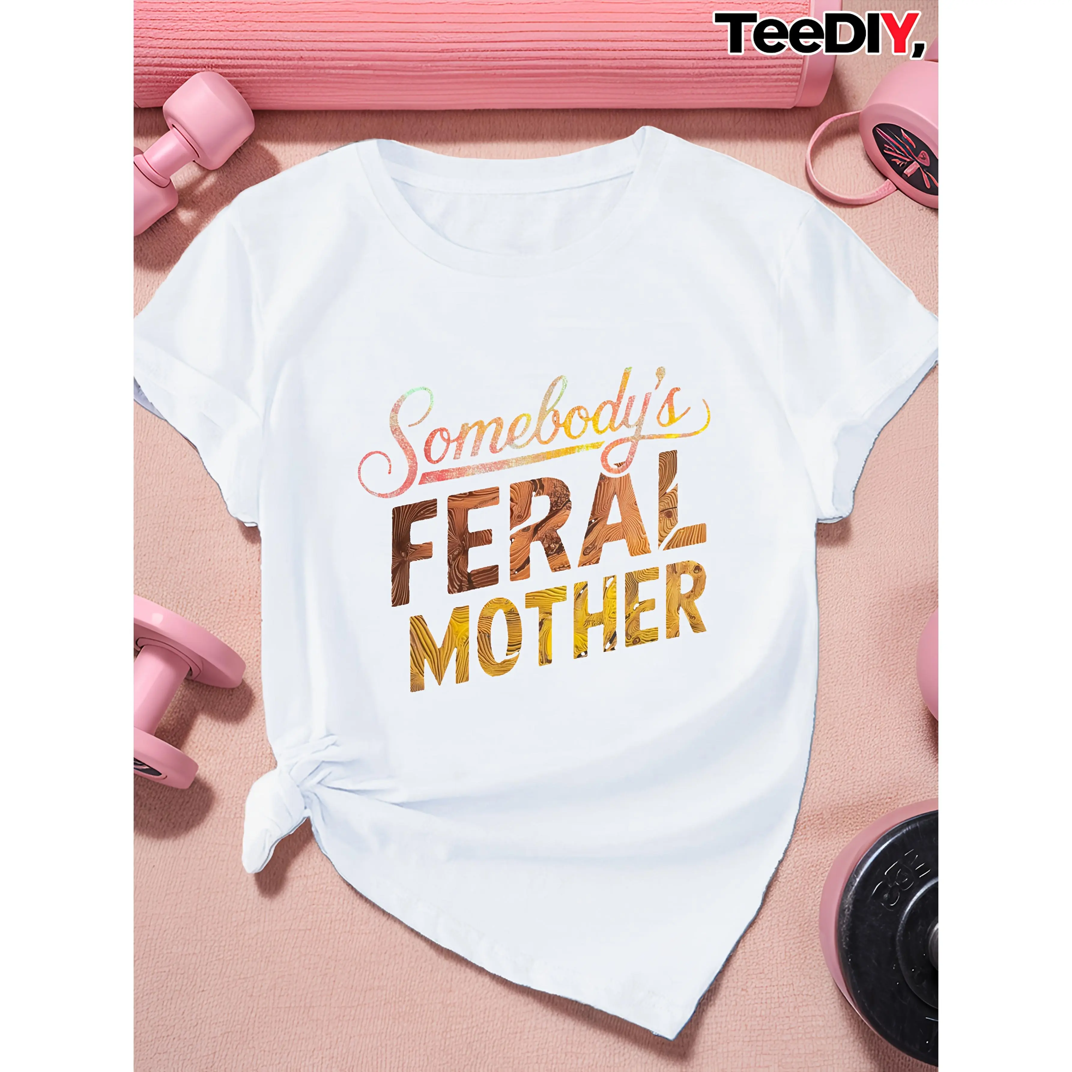 Somebody's Feral Mother" Women's Plus Size Casual T-Shirt - Short Sleeve, Round Neck, Polyester, Lightweight & Breathable, Perfect for Summer Outfits with Denim Shorts & Ripped Jeans