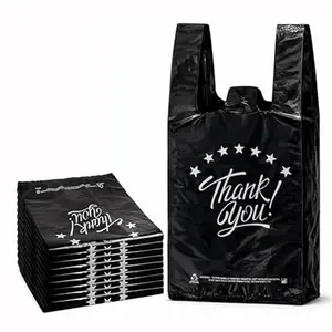 Black Thank you T shirt bag, Grocery shopping bag Reusable and Disposable Supermarket Bag 11''x6''x21'' 100PCS