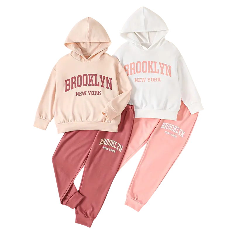 #SummerVibes 4-piece girls' spring and summer fashion sports suit 3-14-year-old cute hoodie with jogging pants suit Matching Outfits Set