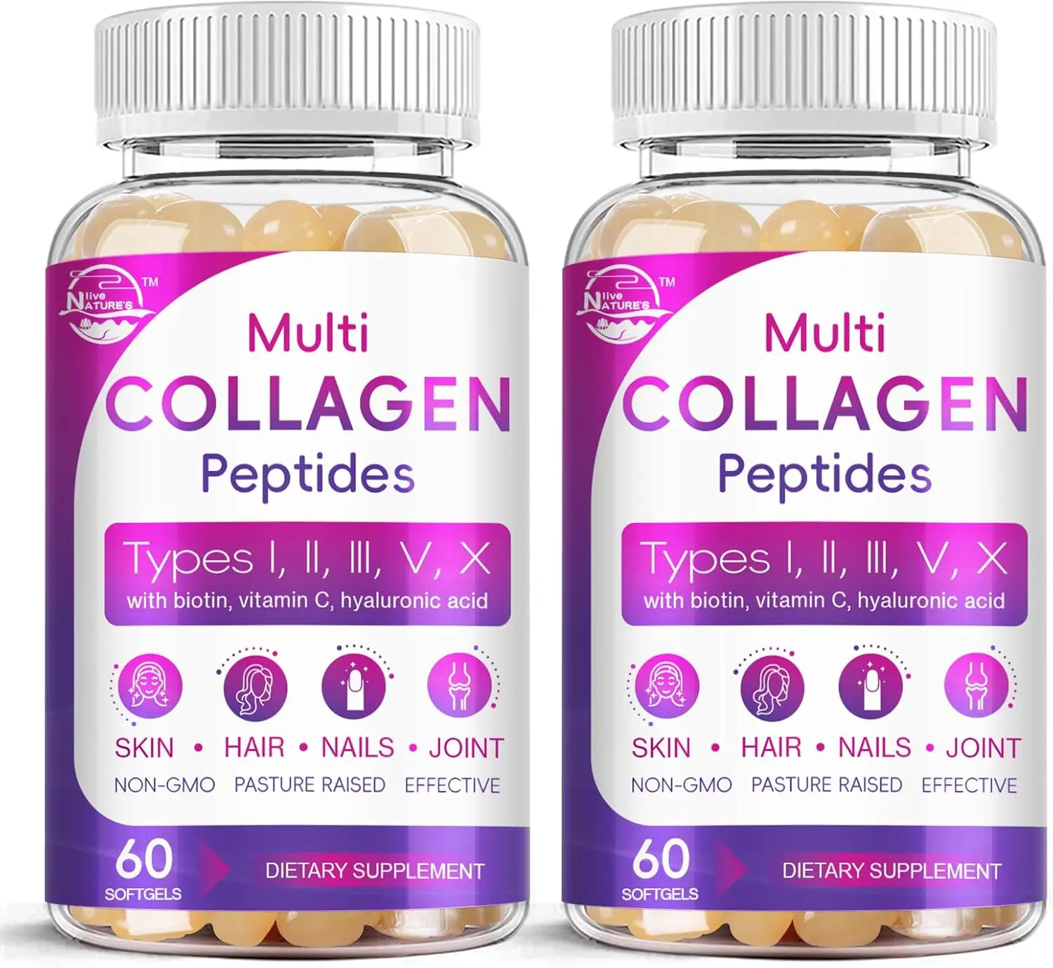 Multi Collagen Peptides Softgels Type I II III V X Hydrolyzed Collagen Complex Supplement with Biotin Hyaluronic Acid for Women Men Skin Care Hair Growth Nails Strength Joint Support Grass Fed Pasture Raised 120 Softgels 2 Pack