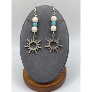 Turquoise and White Bead Earrings with Hollow Moon Dangle