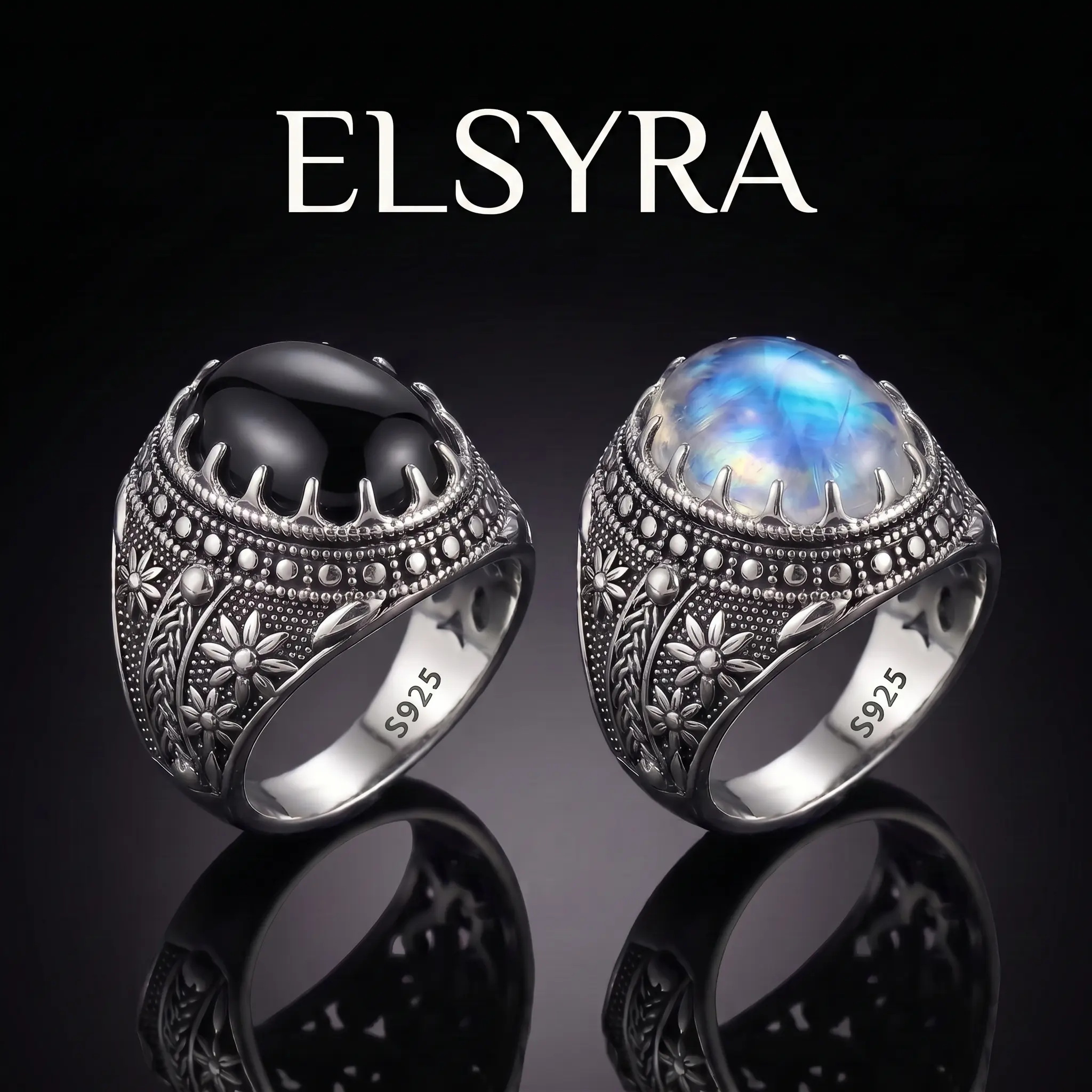 ELSYRA Natural Moonstone & Black Onyx Matching Couple Rings, S925 Silver Vintage Gothic Ring Set for Men & Women, Promise Jewelry Gift
