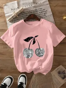Plus Size Women's Fruit & Cherry Sequin Print Round Neck Short Sleeve Top, Casual Aesthetic Summer Lightweight Cover Up Shirt