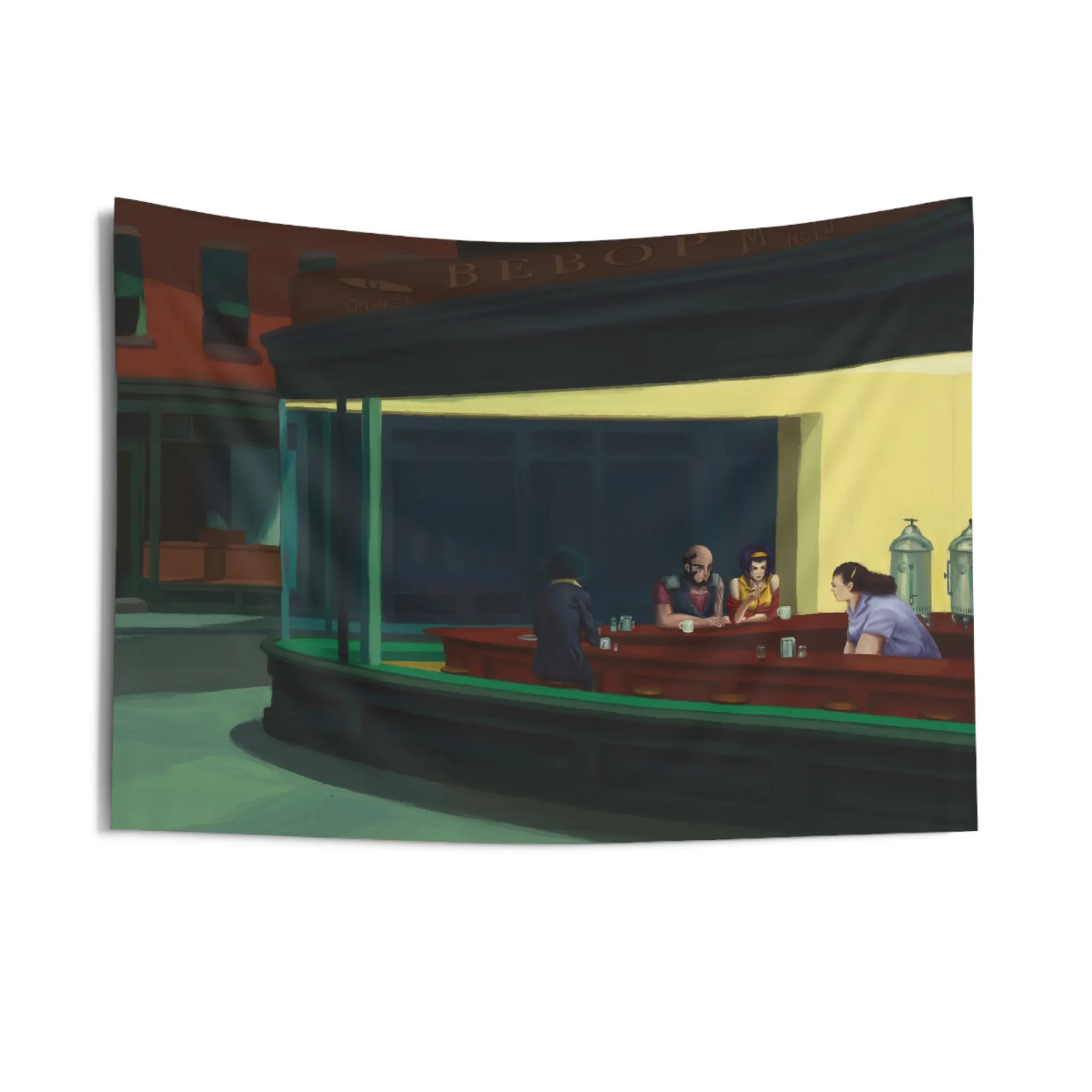 Cowboy Bebop x Nighthawks Inspired Tapestry, Cozy Home Decor, Vintage Café Wall Art, Living Room Wall Hanging, Unique Gift for Art Lovers