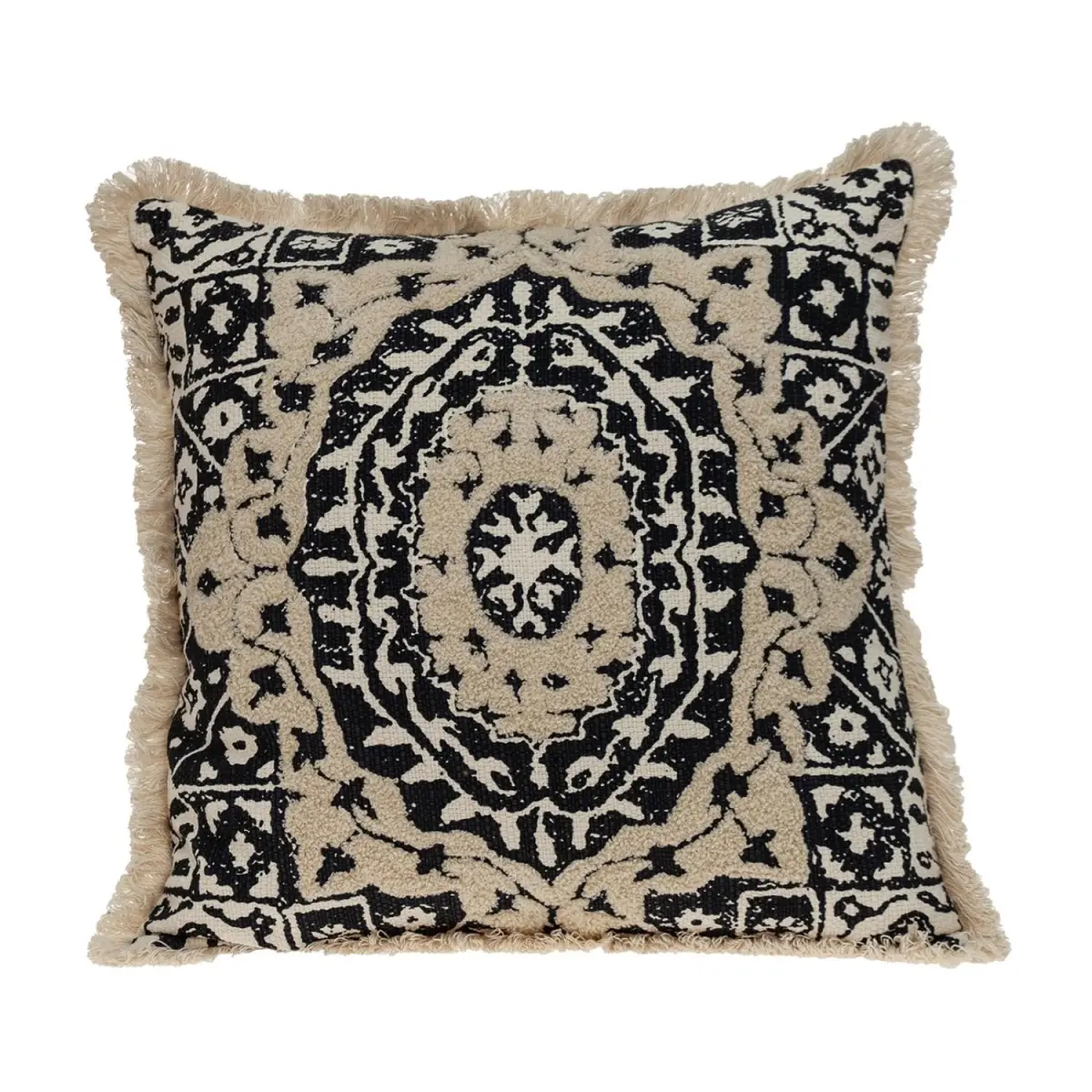 Boho Garland Beige-Black Fabric Blend Decorative Accent Pillow with Fringe Trim - Bohemian Look for Room Decor, House Decor, Indoor Use