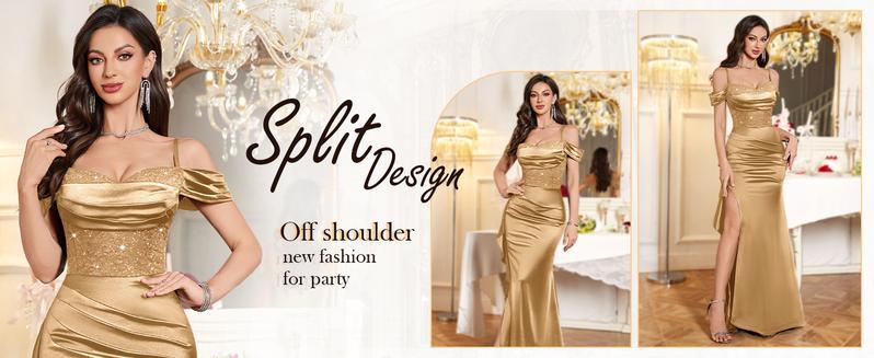 Women's Golden Elegant Sequin Lace Spaghetti Straps Ruffle Tight Split Womenswear Formal Satin Maxi Dress for Evening Party Prom Banquet Formal Prom Gala Special Events