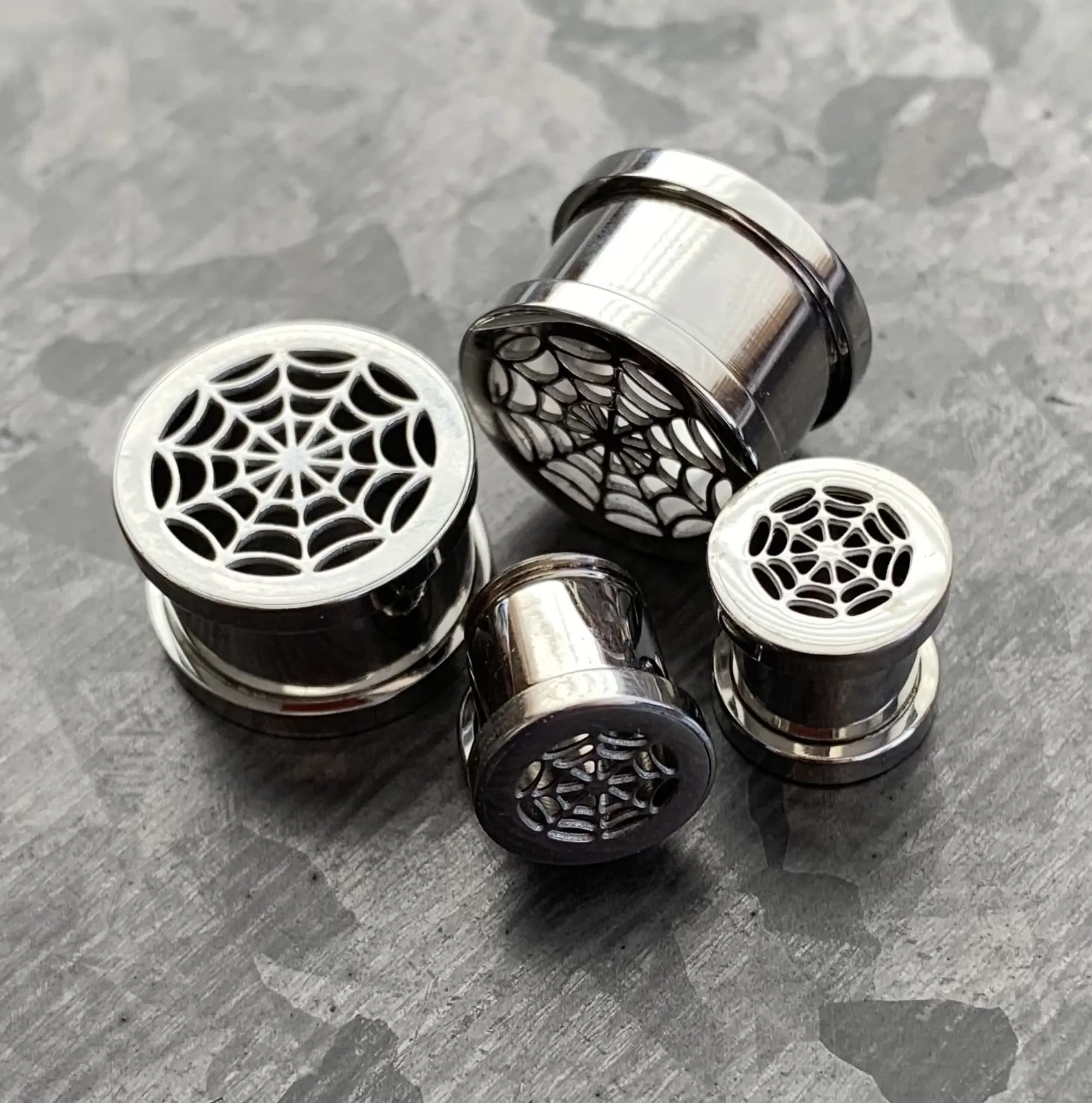 PAIR of Stunning Spider Web Steel Screw Fit Tunnels/Plugs - Gauges 2g (6mm) thru 5/8" (16mm)