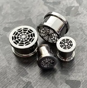 PAIR of Stunning Spider Web Steel Screw Fit Tunnels/Plugs - Gauges 2g (6mm) thru 5/8" (16mm)