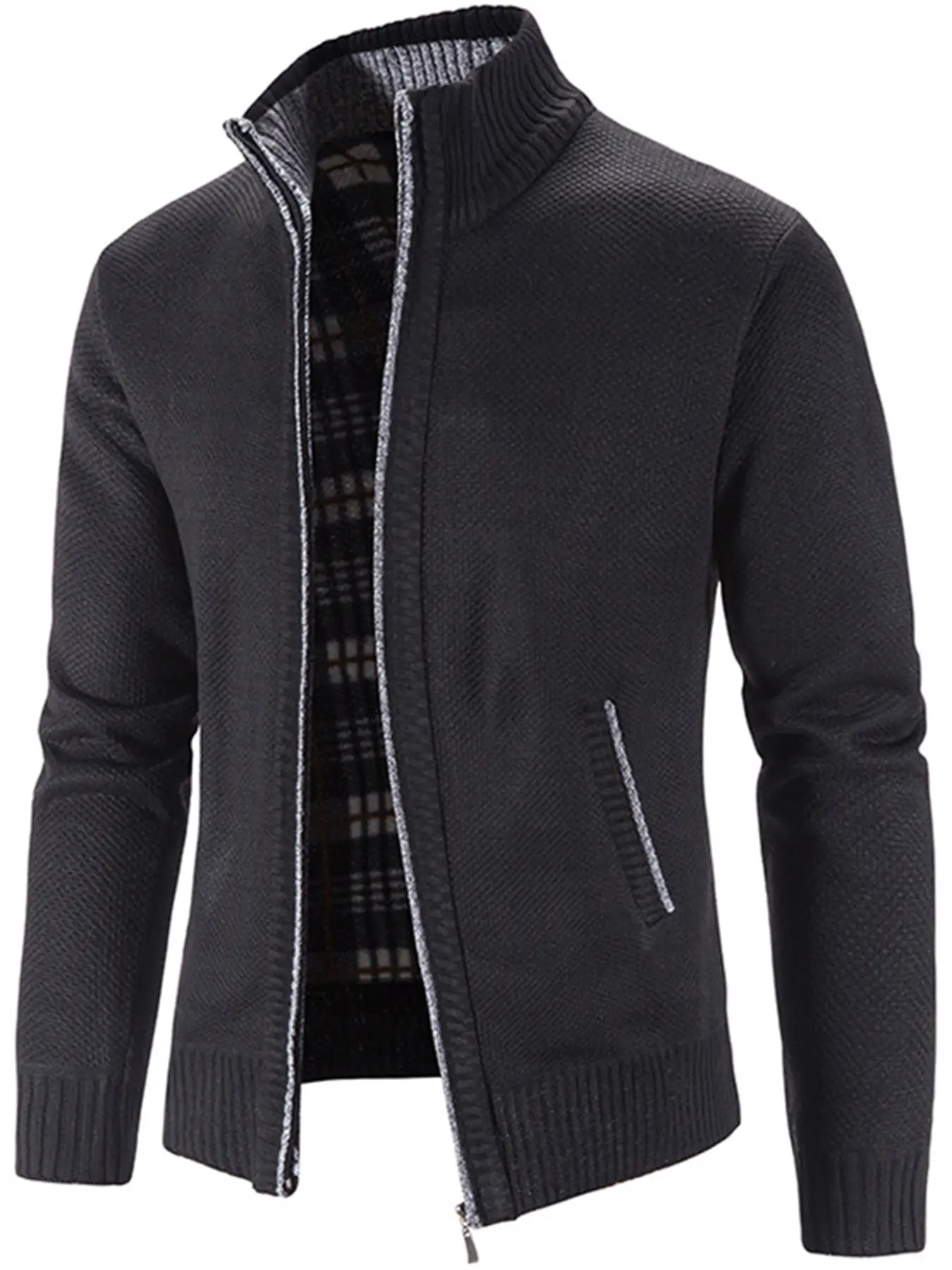 Men's Stand Collar Knit Cardigan, Polyester Long Sleeve Fall Winter Casual Loose Fleece Lined Sweater Jacket, Warm Zipper Pullover Outerwear, Office Daily Wear