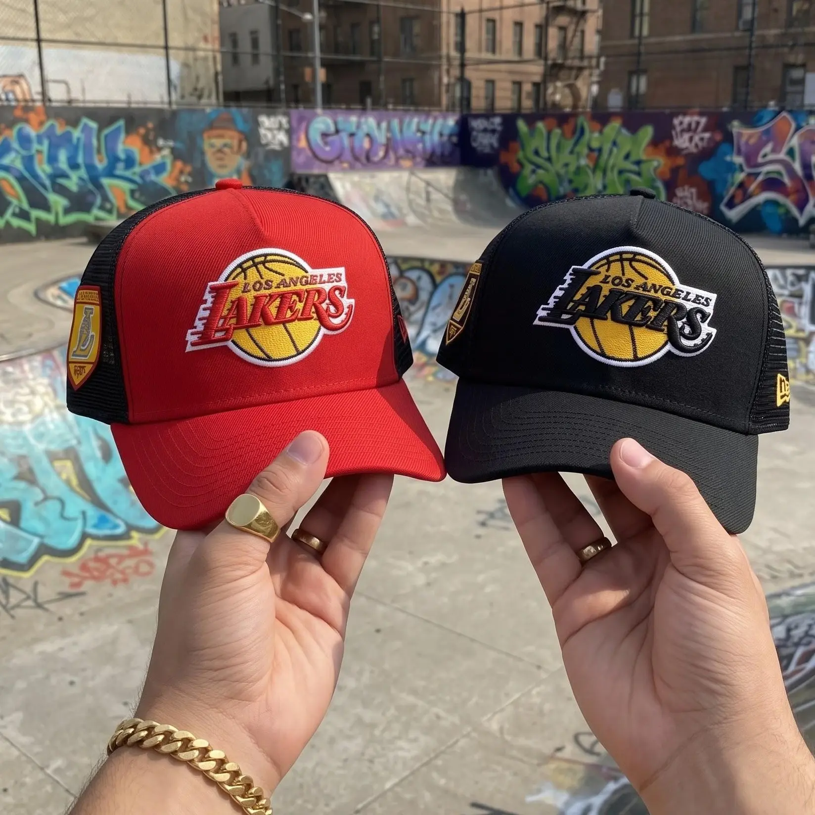 New Era NBA LA Lakers Trucker Hat | Black & Red Mesh Back Curved Brim Snapback Cap | Unisex Basketball Streetwear Headwear