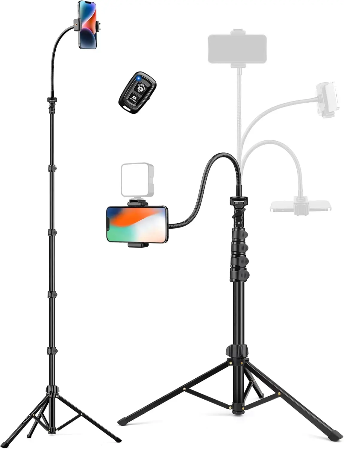 Phone Tripod, 86" Tall Tripod for  with Flexible Gooseneck & Remote, Portable  Cellphone Stand for Selfies, Video Recording,Travel, Compatible with  Android