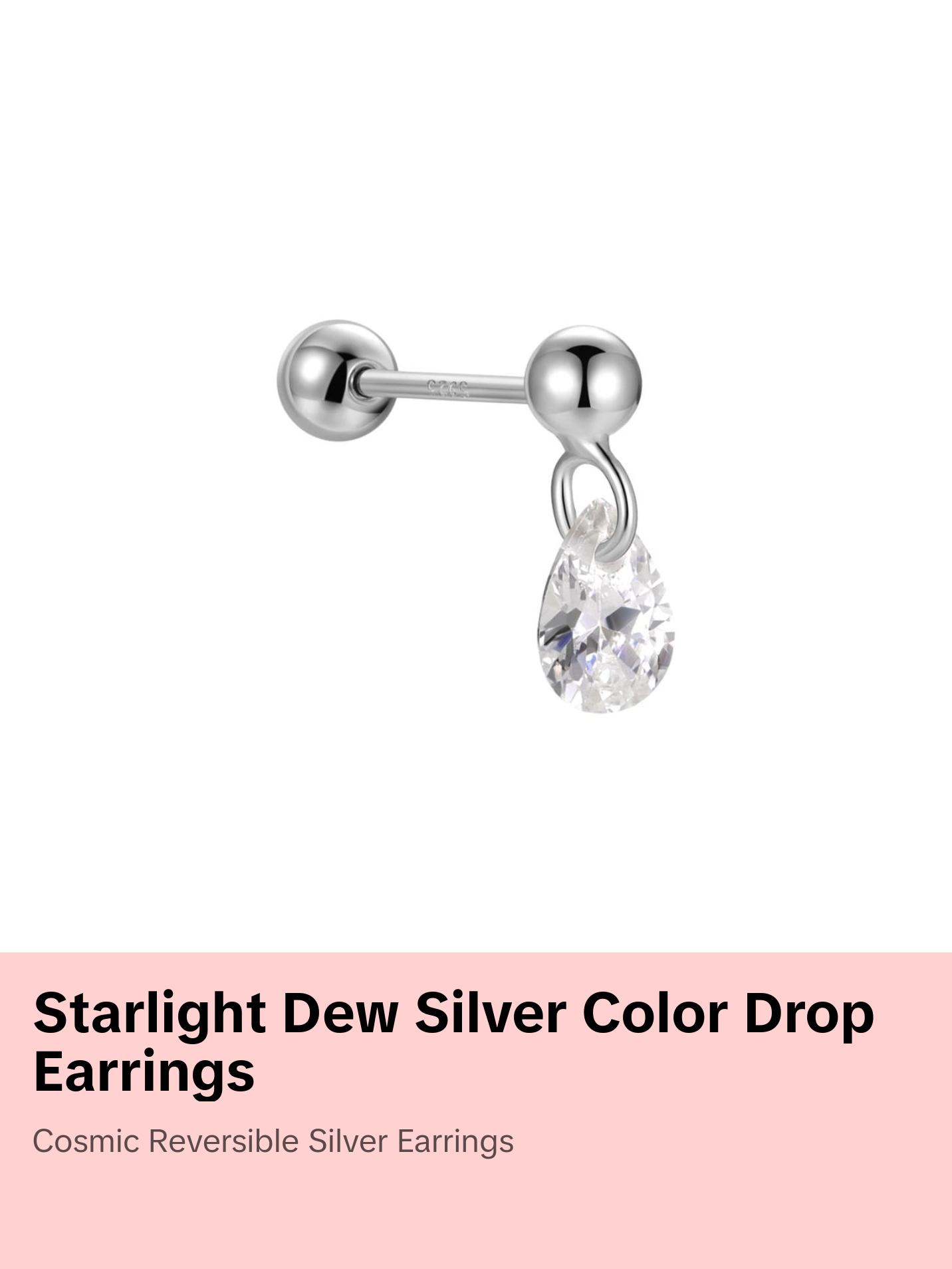 "Starlight Dew" Pear Shape Stone Silver Dangling Drop Piercing Earring With Ball Back