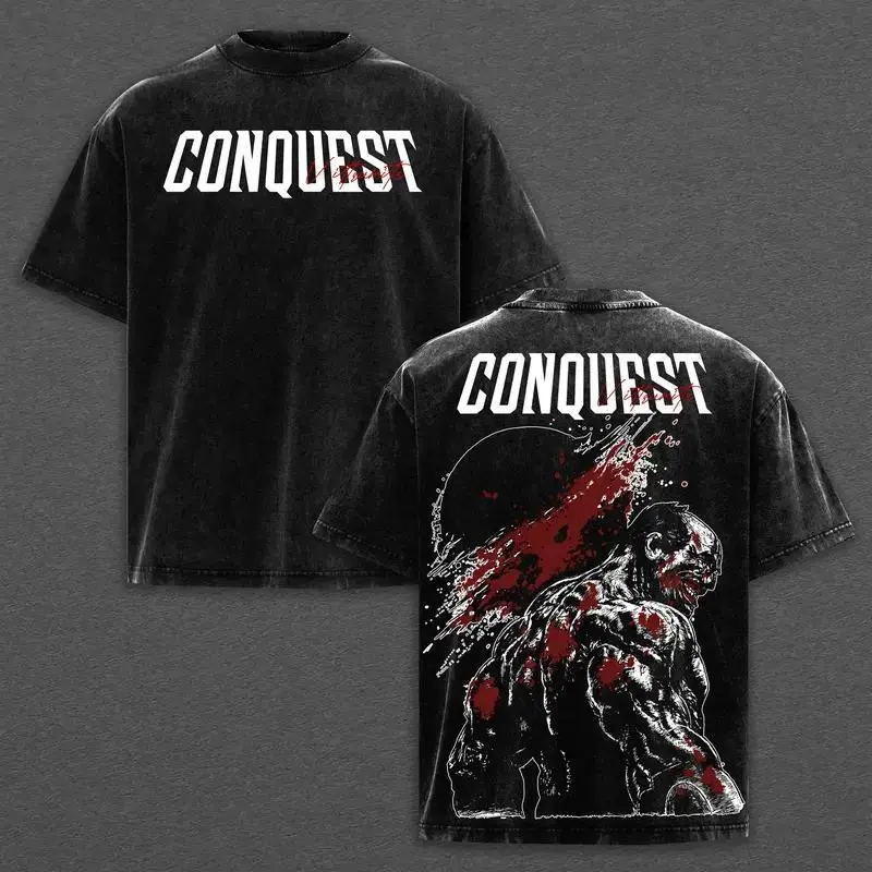 Conquest Invincible Villain Graphic T Shirt Vintage Washed Viltrumite Warrior Design Comic Panel Collage Print Unisex Heavyweight Cotton Short Sleeve Crewneck Casual Streetwear Trendy Top Ideal Gift For Invincible Comic Fans