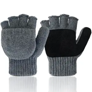 Evridwear Convertible Fingerless Winter Gloves - Knitted Wool Flip-top Mittens with Anti-Slip Suede Leather, Unisex Women, Soft & Warm, Ideal for Everyday Wear or Outdoor Activities