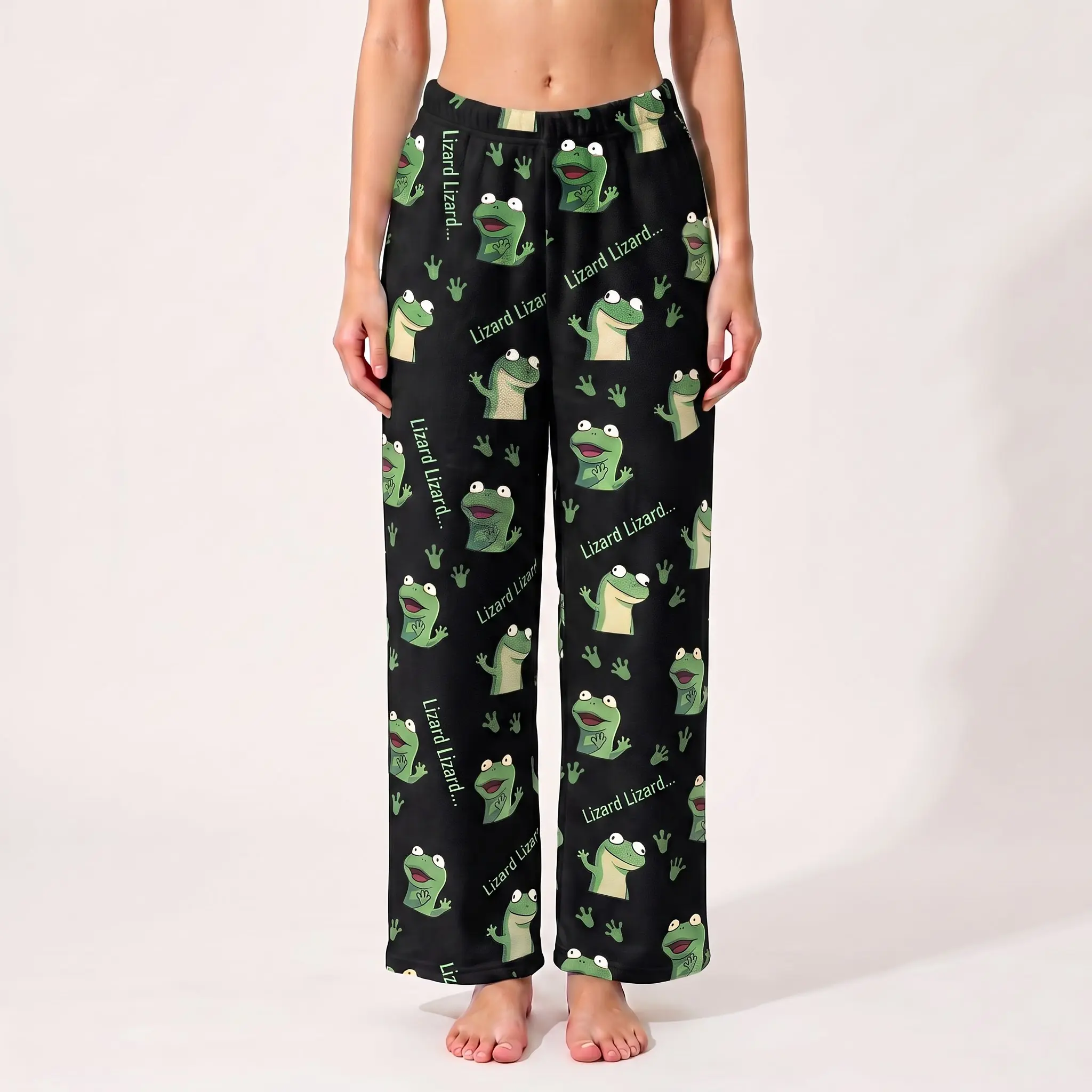 Women's Funny Lizard-Patterned Black Pajama Pants - Style-Focused Sleeveless Halloween Ghost All Over Print Comfortable Sleepwear & Loungewear Bottoms, Full Length