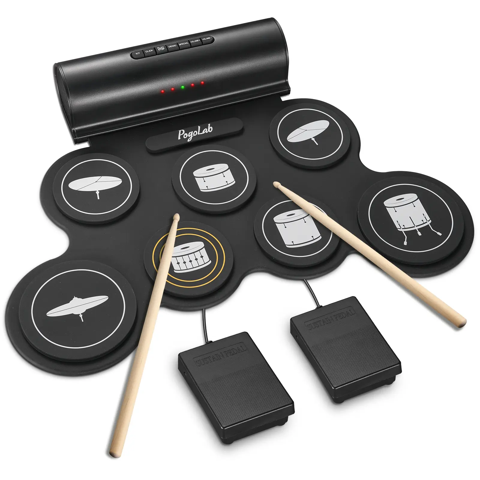 POGOLAB G3001 7 Pads Roll Up Electric Drum Pad, Electronic Drum Set with Wireless Function, Portable Rechargeable Midi Drum Kit with Built-in Speaker/Pedals/Headphone Jack, Great Holiday Gift for Beginner, Music Lovers Girls Boys Friends Gift