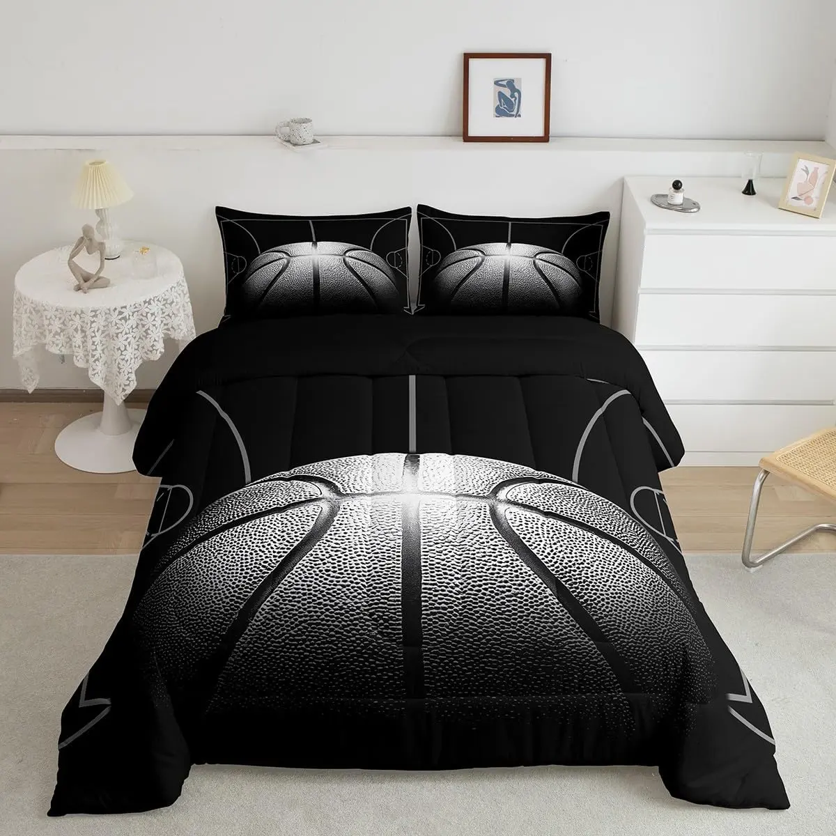 Feelyou Basketball Comforter Set - Black & Gray Sports Bedding for Boys, Breathable Soft Blanket, Lightweight Blanket, Teen Bedroom Ball Themed Decor, Soft Fluffy Linens, Light Weight Blanket