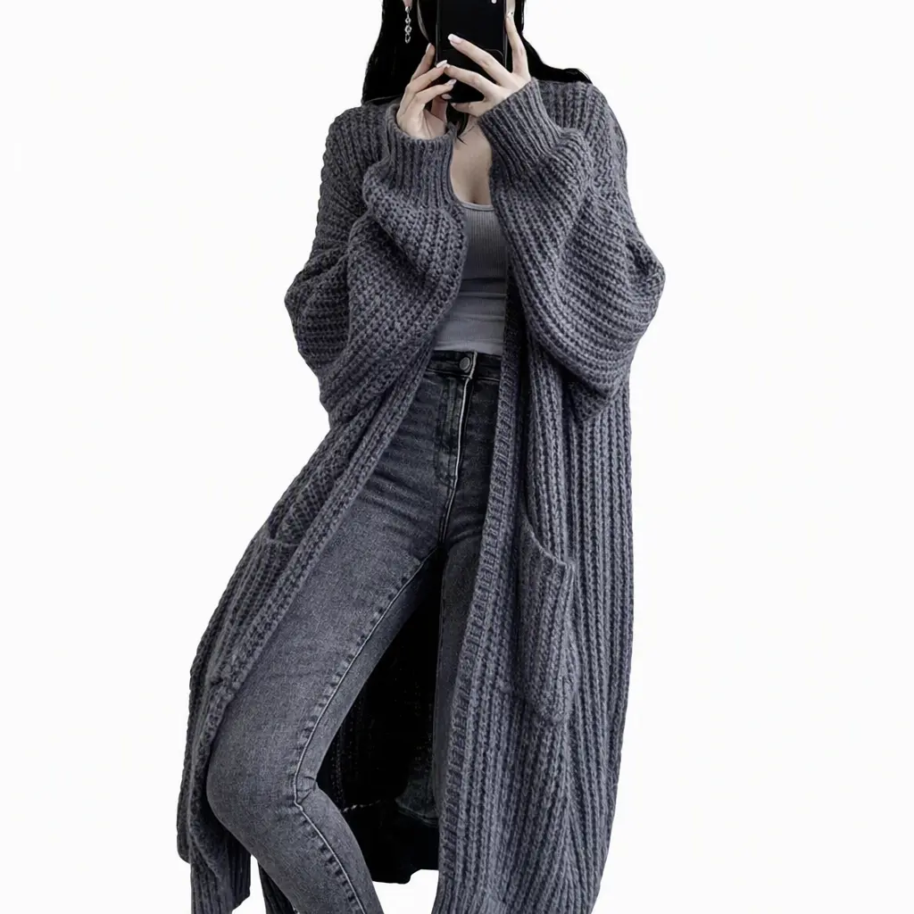 Y2K Oversized Long Cardigan for Women, Ribbed Knit Open Front Duster with Pockets