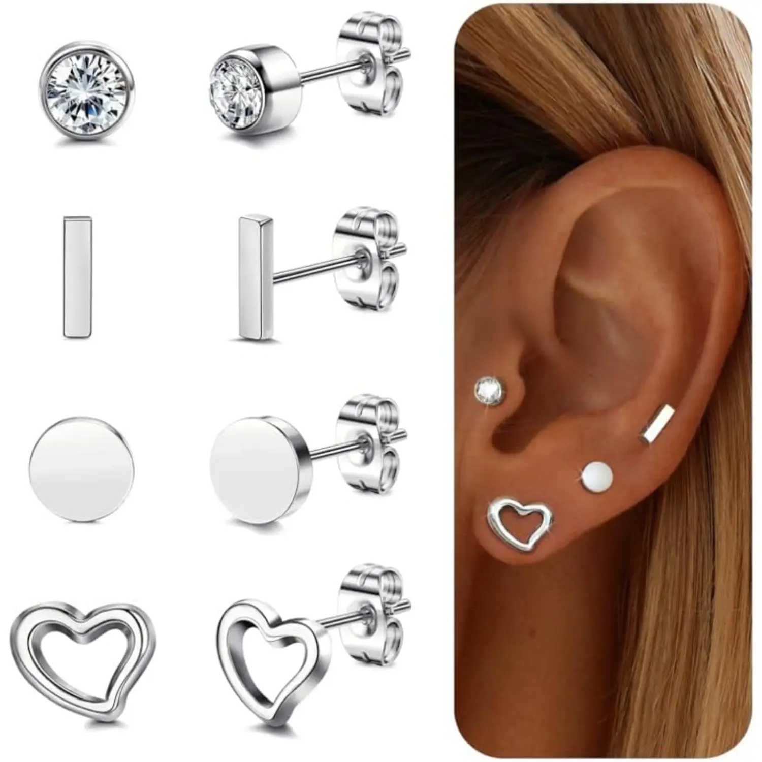 Milacolato Women's 4-Pair 20G G23 Medical Grade Titanium Stud Earring Stack - Hypoallergenic Minimalist CZ Bar, Tiny Dot, Heart Shapes - 2 Gauge Jewelry for Sensitive Ears' Helix/Cartilage, Female Anniversary Everyday Wear