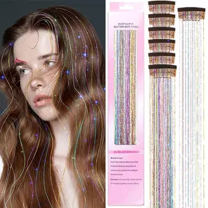 Laser gold tinsel hair, colorful seamless hair extensions, 6-piece set of hairpieces