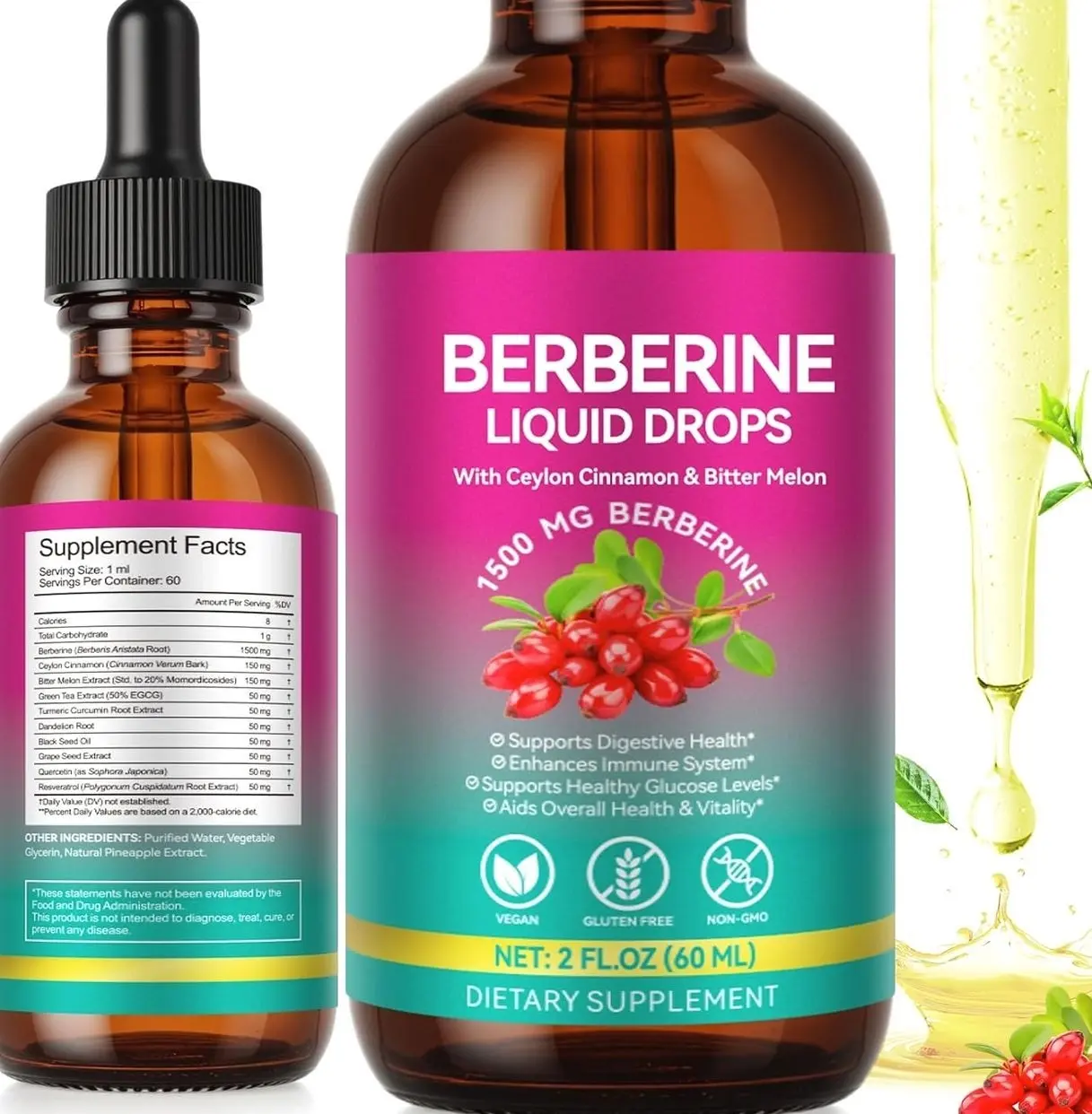 Berberine Supplement Liquid 60ml, Berberine with Ceylon Cinnamon, Berberine Drops with Turmeric Curcumin, Bitter Melon, Immune Support, Digestive Health Support