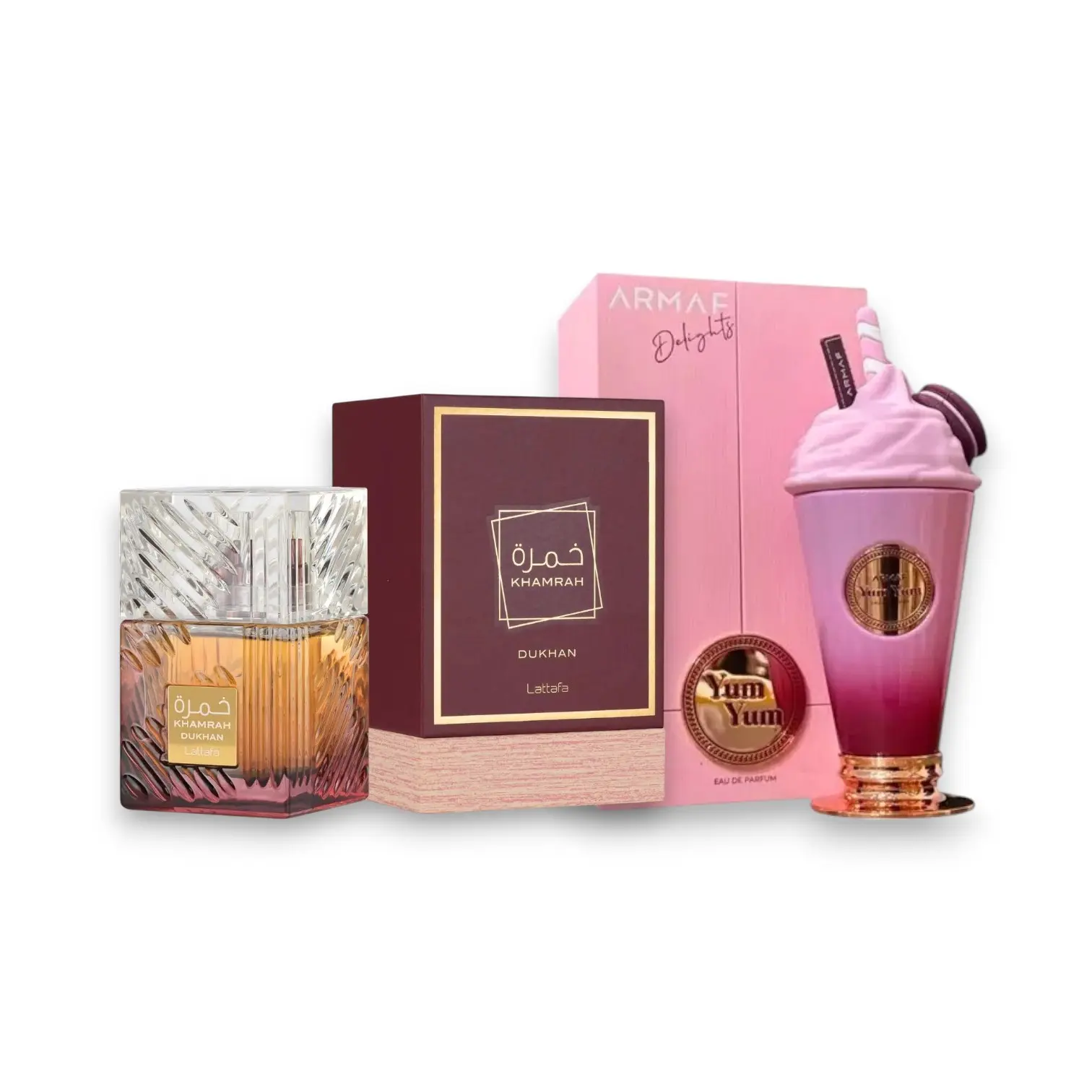 Lattafa Khamrah Dukhan + Yum Yum Multi-Pack High Quality Luxurious Fragrances Eau De Parfum (EDP) - 3.4 oz/100 ml, Vanilla-Fruity, Amber-Warm Spicy Notes