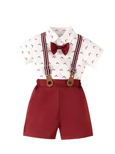 Baby Boys Clothing Gentleman Gift Set - Toddler Boys' Short-Sleeve Shirt with Tie, Suspender Shorts, Camo Deer Print Overalls for Party Outfits