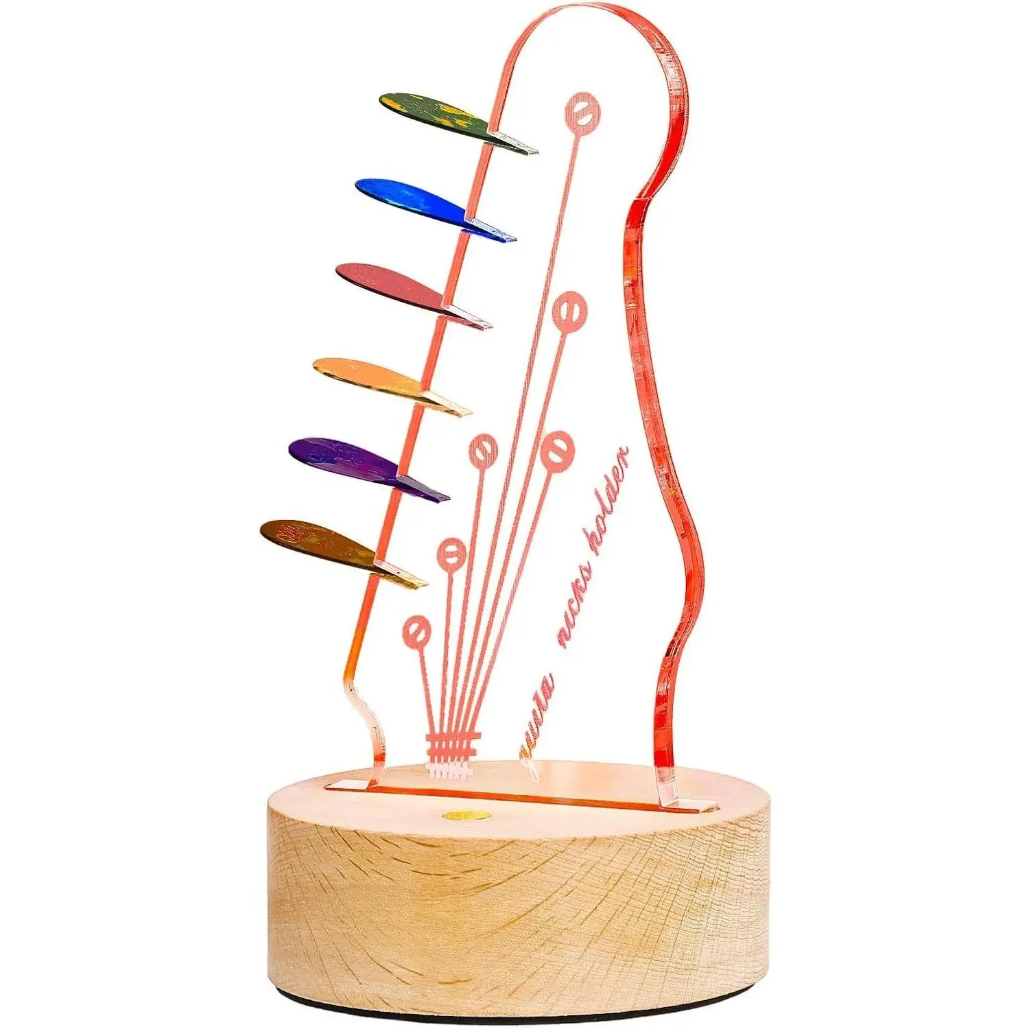 Light Up Guitar Pick Holder, Electric Guitar Headstock Shape with 7 Color-Changing Lights, USB-C Rechargeable Touch Control,  Base Organizer for 6 Picks - Ideal  for Guitarists