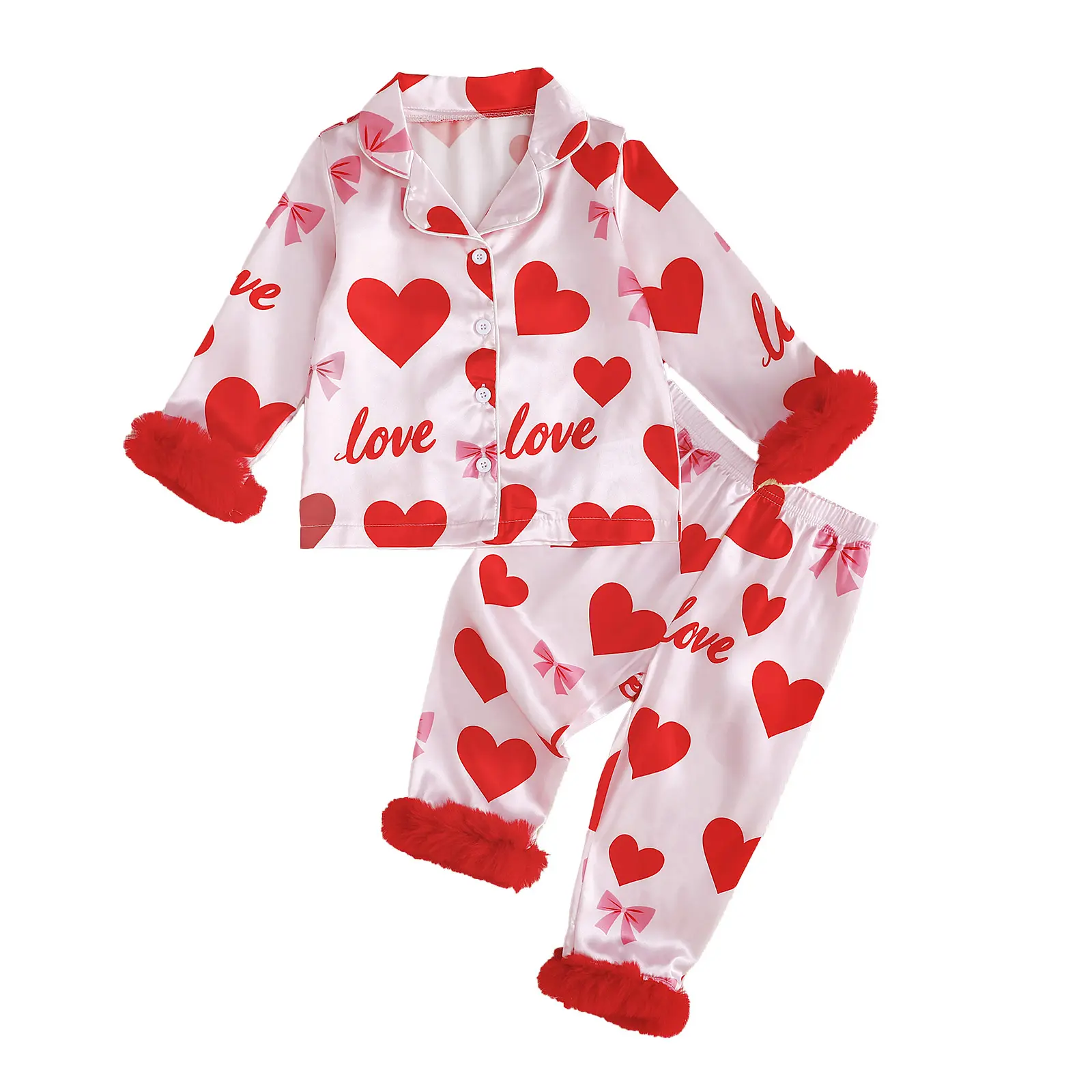Kids Valentines Day Pajamas Toddler Girl Heart Bow Feather Trim Button Down Tops Pants Girls Sleepwear Satin Pjs Set