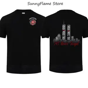 343 Never Forget Firefighter T-Shirt, 9/11 Memorial Twin Towers Tribute Tee, FDNY Patriotic Graphic Shirt Patriotic Fire Dept Graphic Shirt, Cotton Short Sleeve Gift for Men Top, Gift Father's Day