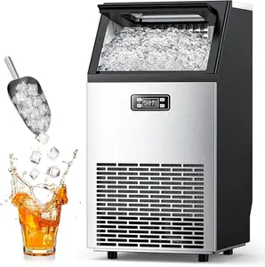 Electactic Commercial Ice Makers Machine Stainless Steel Makers 100 Lbs of Ice Per 24H with 33 Pounds Storage Capacity Ice Cubes Freestanding Party/Bar/Restaurant Scoop Connection Hose Silver