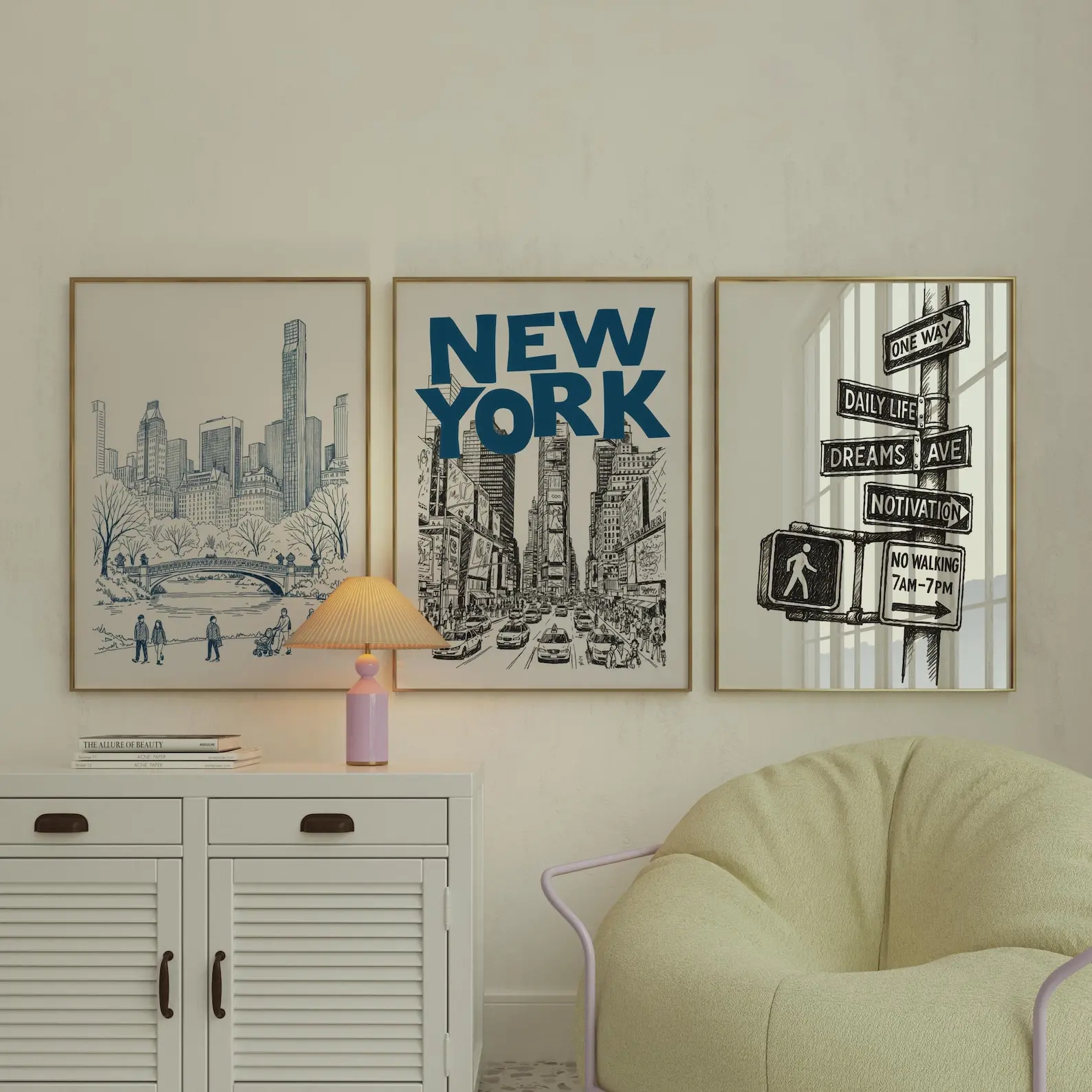 New York City Wall Art Set of 3 Prints, Retro NYC Skyline Poster, Navy Blue Urban Décor