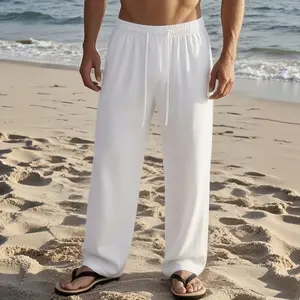 Men’s casual vacation long pants made of polyester fiber; high-quality straight-leg men’s trousers for summer beachwear; relaxed fit; durable and easy to care for; solid color; available in sizes S–XXL.