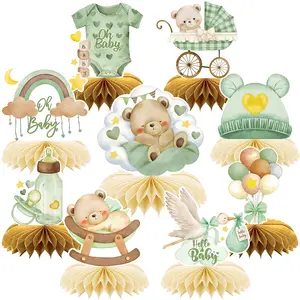 9Pcs Sage Green Bear Baby Shower Decorations Oh Baby Honeycomb Centerpieces Cute Watercolor Bear Theme Table Toppers for Birthday, Gender Reveal Party Supplies