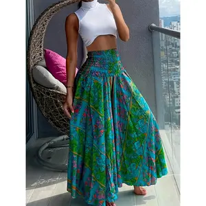Versatile high-waisted shirred-waist pants — boho floral print, casual for spring and summer — women’s wide-leg comfort fabric bottoms, green polyester woven