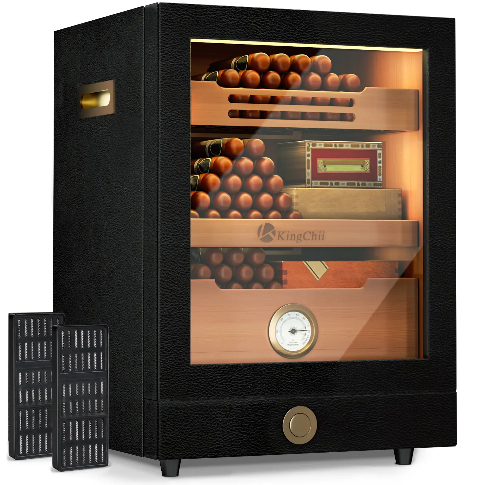 KingChii Premium Spanish Cedar Freestanding Tempered Glass Storage Cabinet Sideboard - 3-Color LED Lighting, Hygrometer, 100-Capacity, Humidifier, Leather Accents for Stick Collectibles (Black), Freestanding Storage Cabinet Built In Drawers Furniture Draw