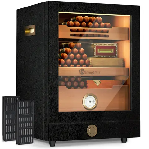 KingChii Premium Spanish Cedar Freestanding Storage Cabinet with Built-In Drawers - 3-Color LED Lights, Hygrometer, Humidifier, Leather Accents, 100-Capacity for Stick Collectors (Black) - Moisture Control, Multiple Shelves, Drawer for Smalls, Compact Fit